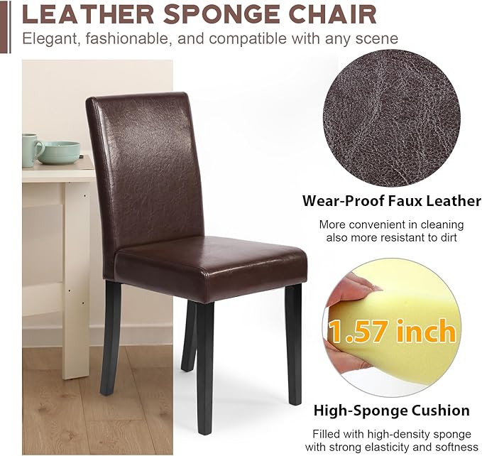FDW Dining Chairs Set of 4,Dining Room Chairs,Side PU Cushion Chairs with Waterproof Surface and Wood Legs,for Kitchen Restaurant and Living Room,Leather Brown