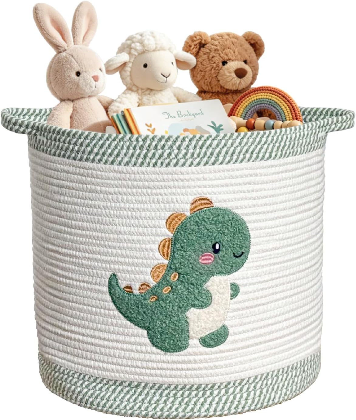 Cute Nursery Bin, Baby Toy Organizer (13.8"x13.8"), Storage Basket for Organizing, Woven Rope Basket for Shelves, Cute Baskets with Handle for Nursery, Playroom (Dinosaur, Large)