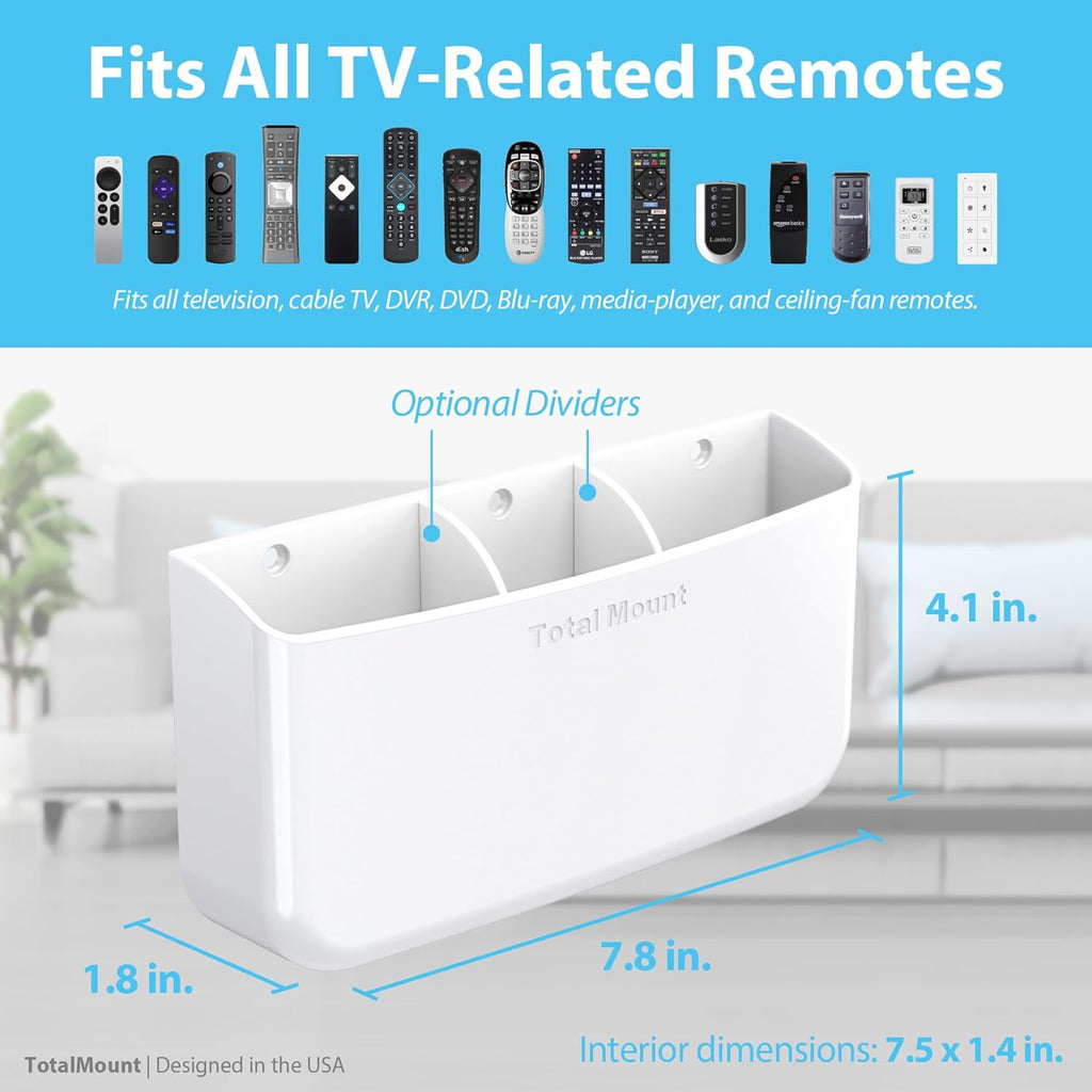 TotalMount Hole-Free Remote Holder – Eliminates Need to Drill Holes in Your Wall (Premium White Holder for 3 or 4 Remotes)