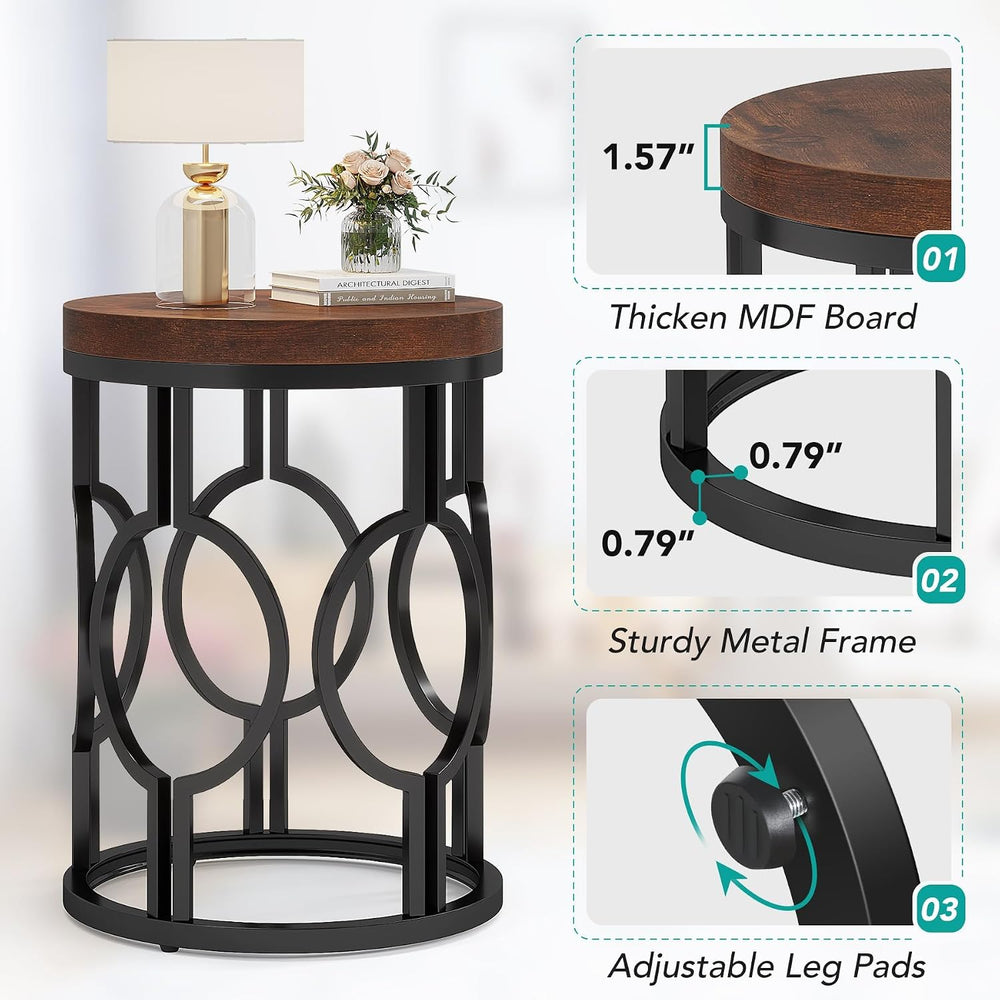 Tribesigns Round End Table Set of 2, Industrial Side Table with Metal Hollow ...