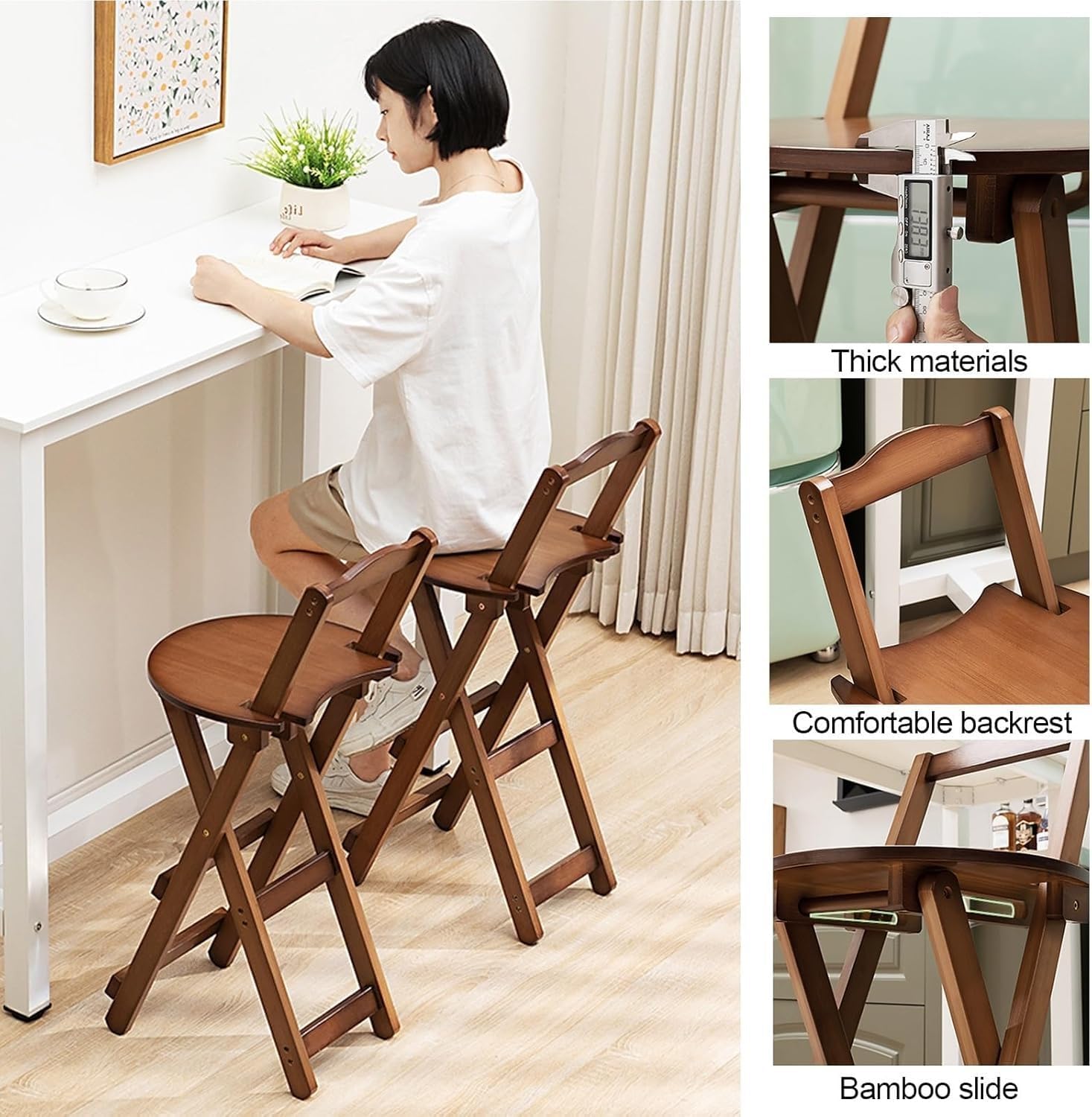 Folding Chairs Bamboo Bar Stools Set of 2, Kitchen Counter Height Stools with Backrest and Footrest,(Brown,Medium)
