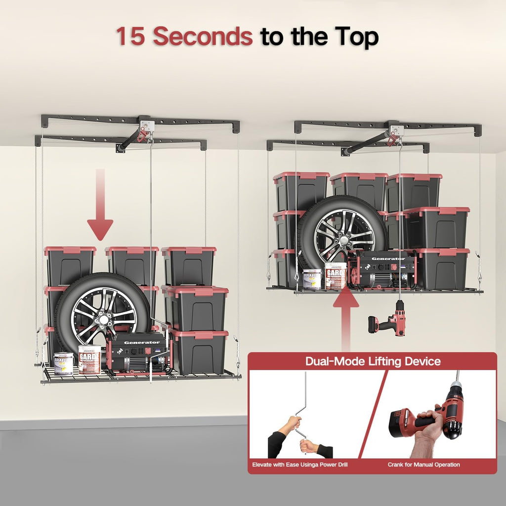 Overhead Garage Storage Lift, 4x4 Ft Ceiling Storage, Heavy-duty Ceiling Mounted Lift System,Ideal for Overhead Space, 250lbs Weight Capacity