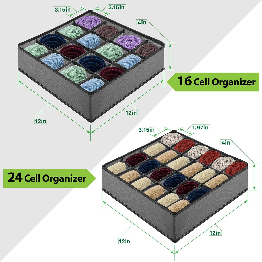 24-Cell Drawer Organizer, 4-Pack 12x12x4in Gray | Foldable storage box, 24 cells, 12x12x4 inches, maximizes drawer/wardrobe space, for socks/underwear/bras/ties.