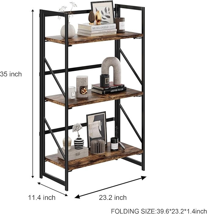 JSB No Assembly Folding Bookshelf, 3 Tier Industrial Metal Book Shelf for Sto...