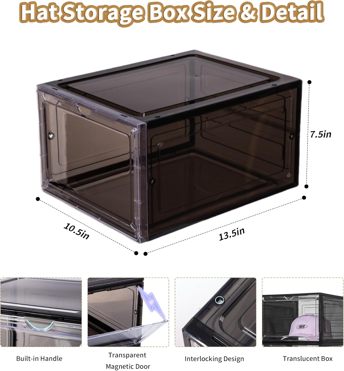 Hat Organizer for Baseball Caps,set of 6, Transparent Storage Box Hat Holder With Clear Magnetic Door, Stackable Rack, Easy to Assemble Stylish Display(13.5 "x 10.6" x 7.5 ")