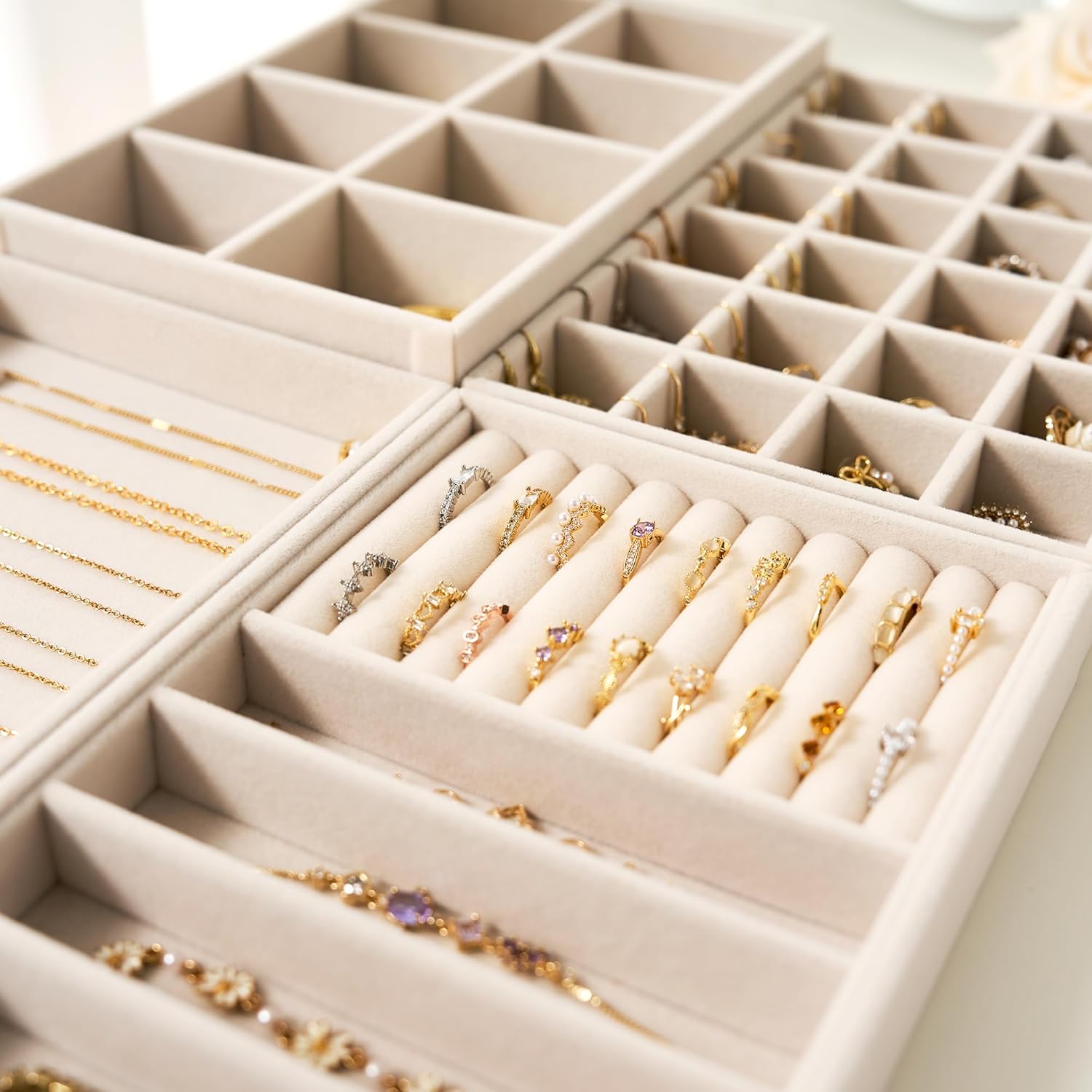 Velvet Jewelry Drawer Organizer Trays – Beige Stackable Jewelry Storage Inserts Set, 4-Layer Jewelry Tray Set for Earrings, Rings, Necklaces, Bracelets with Removable Dividers for Dresser & Vanity
