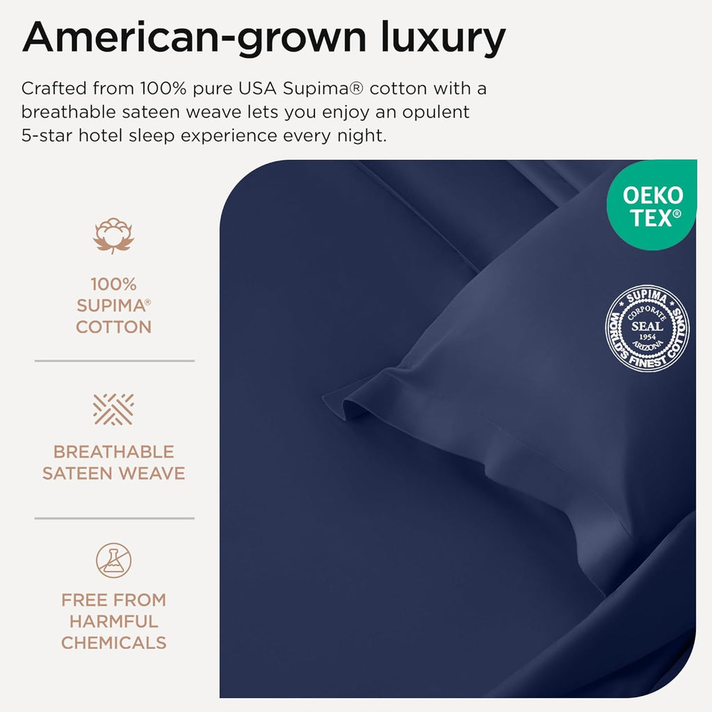 Threadmill California King Sheet Sets |Certified American Supima Cotton Sheets | 656 Thread Count 4 Piece Hotel Quality Luxury Bed Sheets Set with Elasticized Extra Deep Pocket | Folkstone Blue Sheets