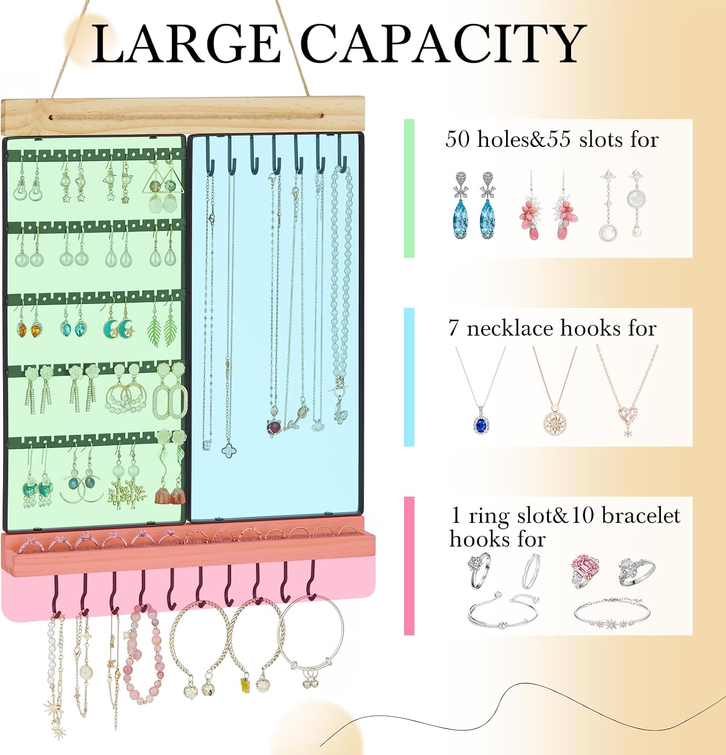 Feyejade Hanging Jewelry Organizer, 5-Tier Wall Earring Holder with Wooden Ring Groove, Jewelry Rack Wall Mounted for Earrings, Necklaces, Bracelets and Rings, Jewelry Holder Stand, Black