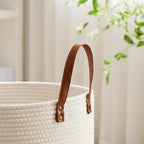 VIPOSCO Tall Laundry Basket, Large Dirty Clothes Hamper with Leather Handle, Woven Rope Storage Basket for Blanket, Toy In Living Room, Bathroom, Bedroom - 53L White & Brown