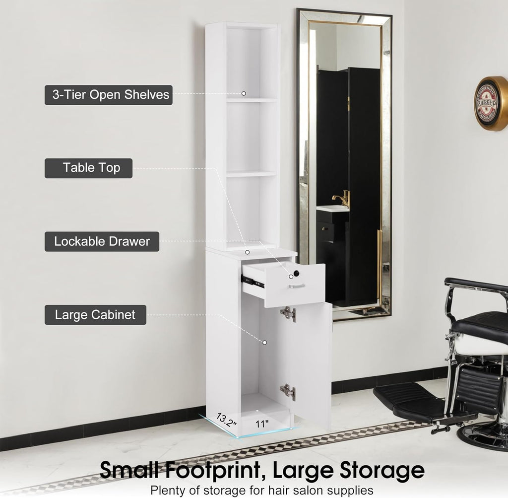 BarberPub Locking Wall Mount Hair Styling Barber Station Drawer Storage Beauty Salon Spa Equipment 3036-1 (White(Handle Left))