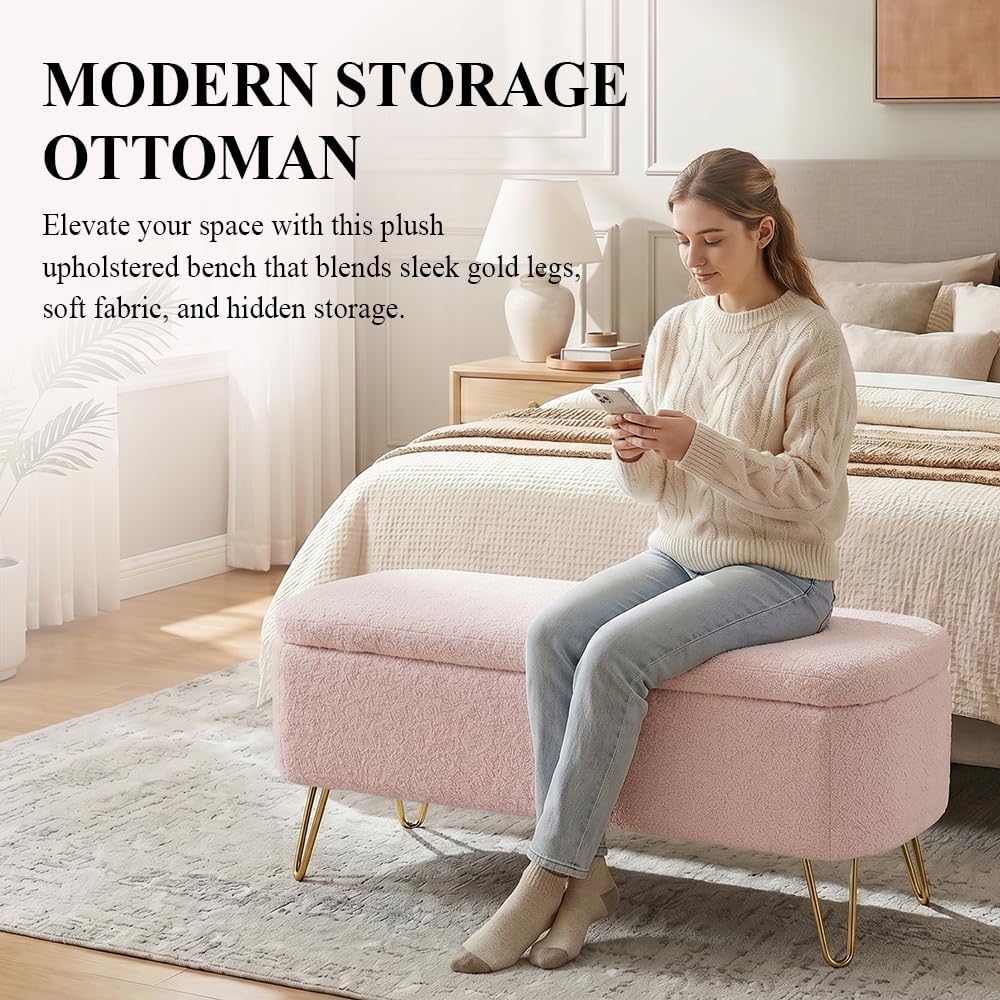 Modern Storage Ottoman Bench, Teddy Upholstered Entryway Bench with Gold Legs...