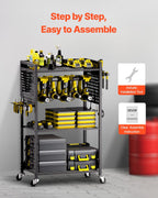 VEVOR 4-Tier Tool Organizer Cart, 150 lbs Load Capacity, Floor Stand Rolling Drill Holder and Stability Storage Rack, Heavy Duty Garage Floor Rolling Storage Cart for Workshop, Garage, Black