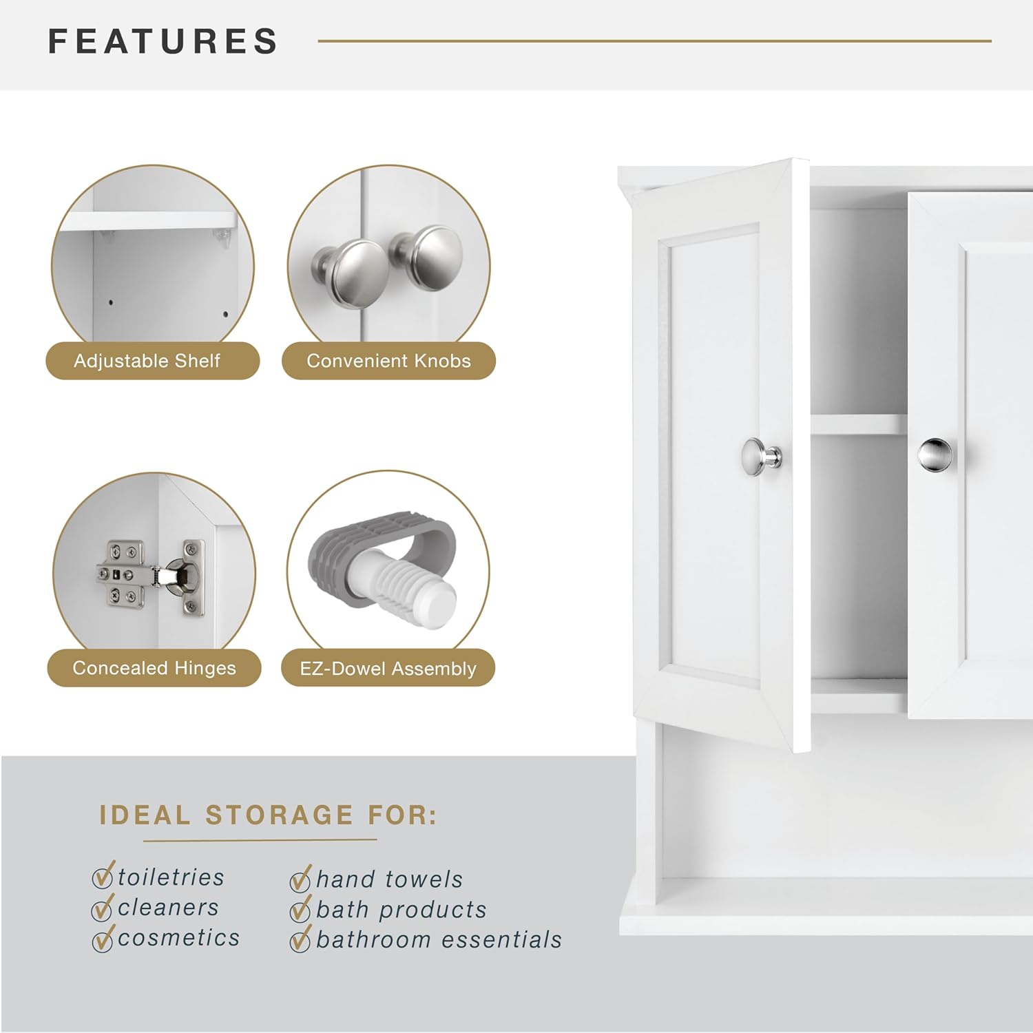 MCS 23x18 White Medicine Cabinet Organizer, Wall Mounted 2-Door Bathroom Cabinet for Over-The-Toilet Storage, Bathroom Furniture & Restroom Organizer