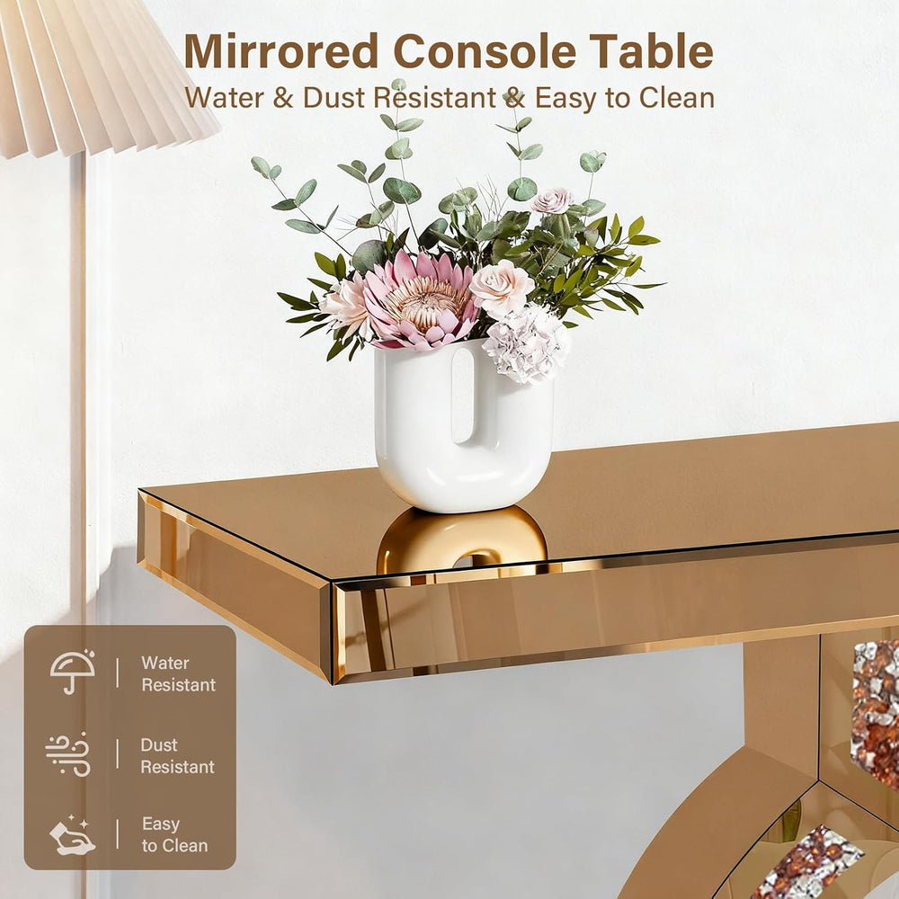 Tea-Colored Mirrored Console Table with Crushed Diamond Inlay, 39.4''...