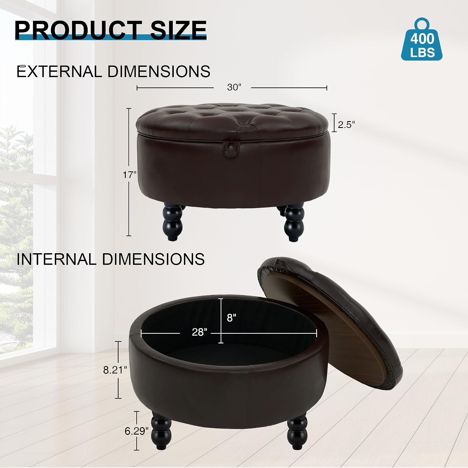30 Inch Round Ottoman with Storage, Tufted PU Leather Storage Bench for Bedroom, Living Room & Entryway, Modern Upholstered Coffee Table with Wooden Black Legs, Light Brown(PU)