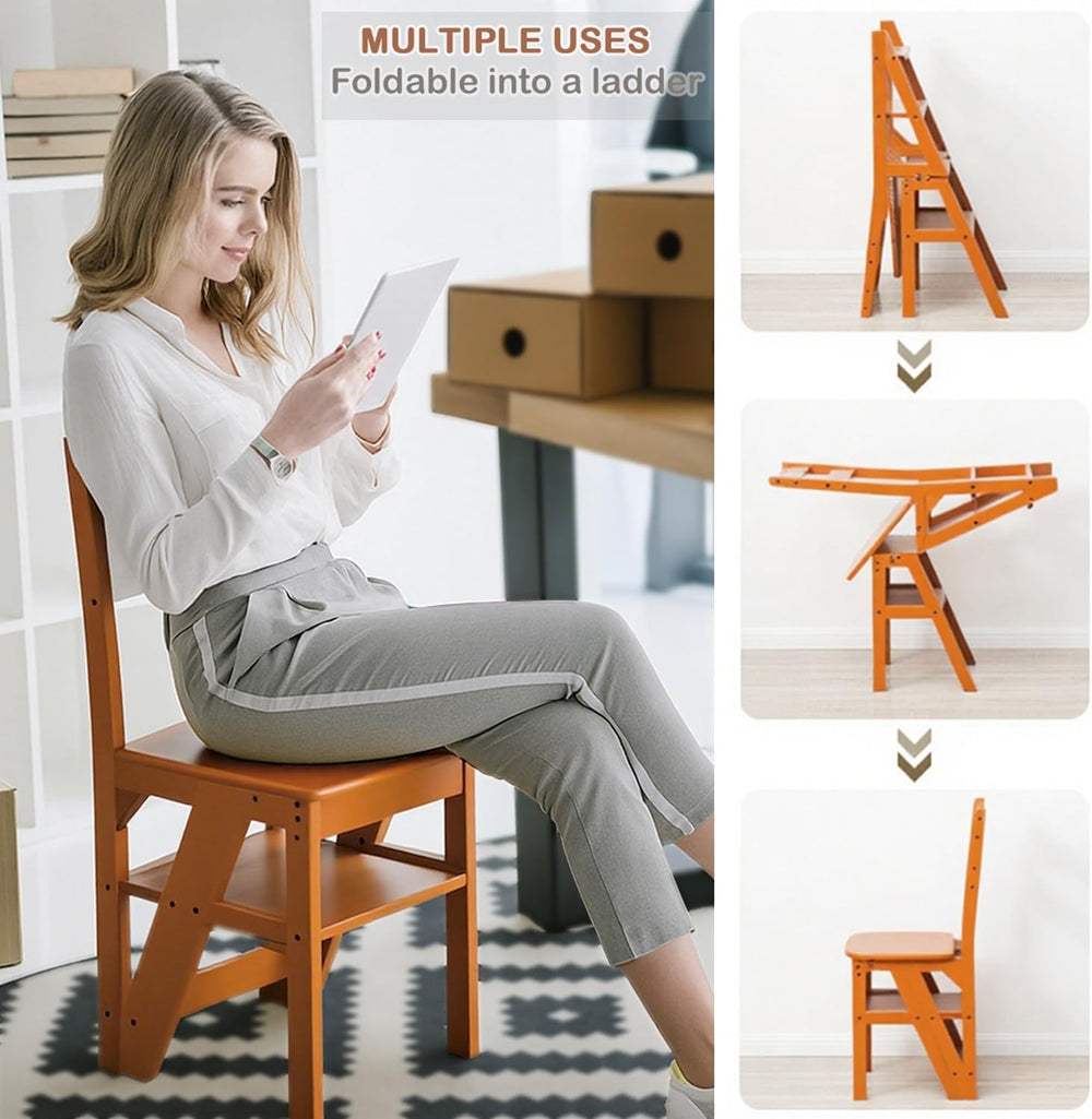 Solid Wood 3-in-1 Folding Ladder Chair, Convertible Step Stool & Display ...