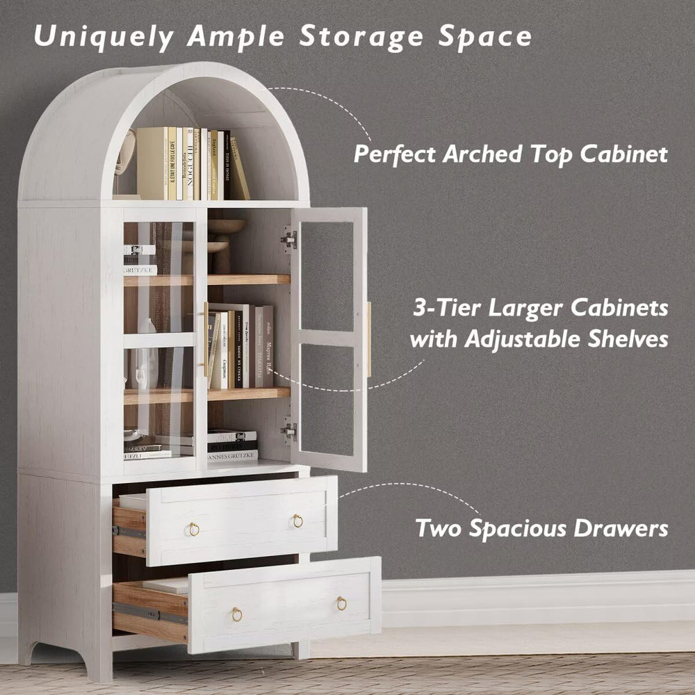 71" Tall Arched Kitchen Pantry Cabinet with 2 Large Drawers, Modern Farm...