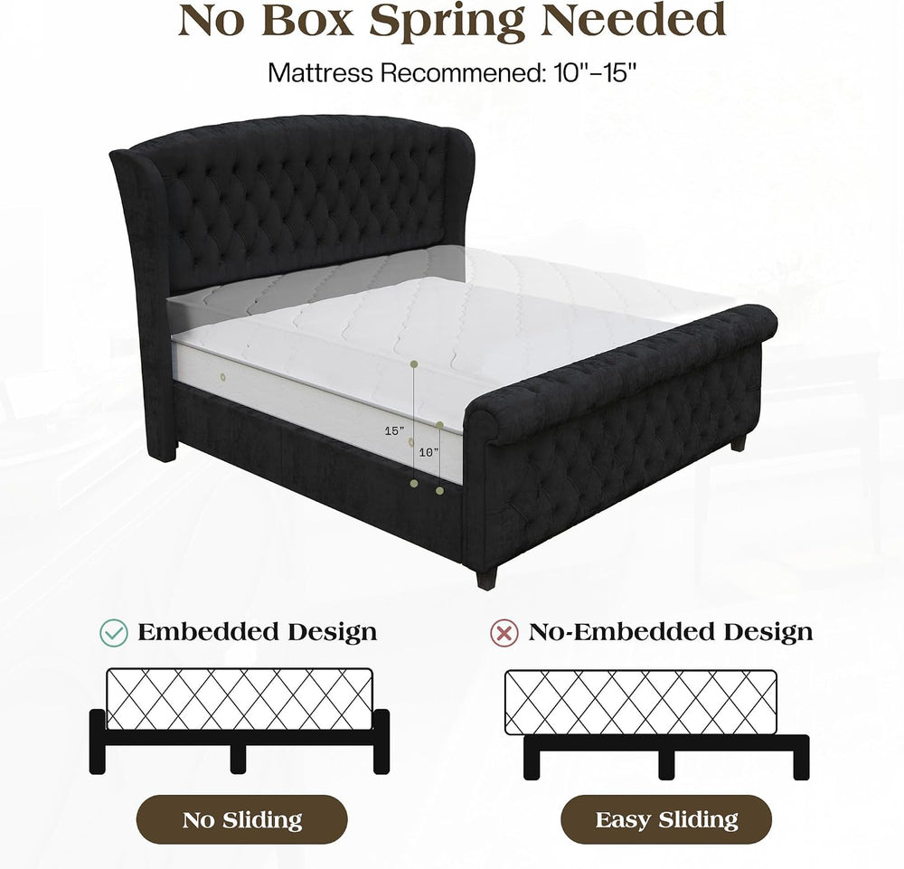 LUXOAK King Size Upholstered Sleigh Bed Frame with Tufted Headboard