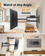 Perlegear Long Arm TV Wall Mount Full Motion with Surge Protection Power Strip for 38–75 Inch TVs, Corner TV Mount with 31.5″ Long Extension, Swivel, Tilt, Max VESA 600x400mm, Holds up to 100 lbs