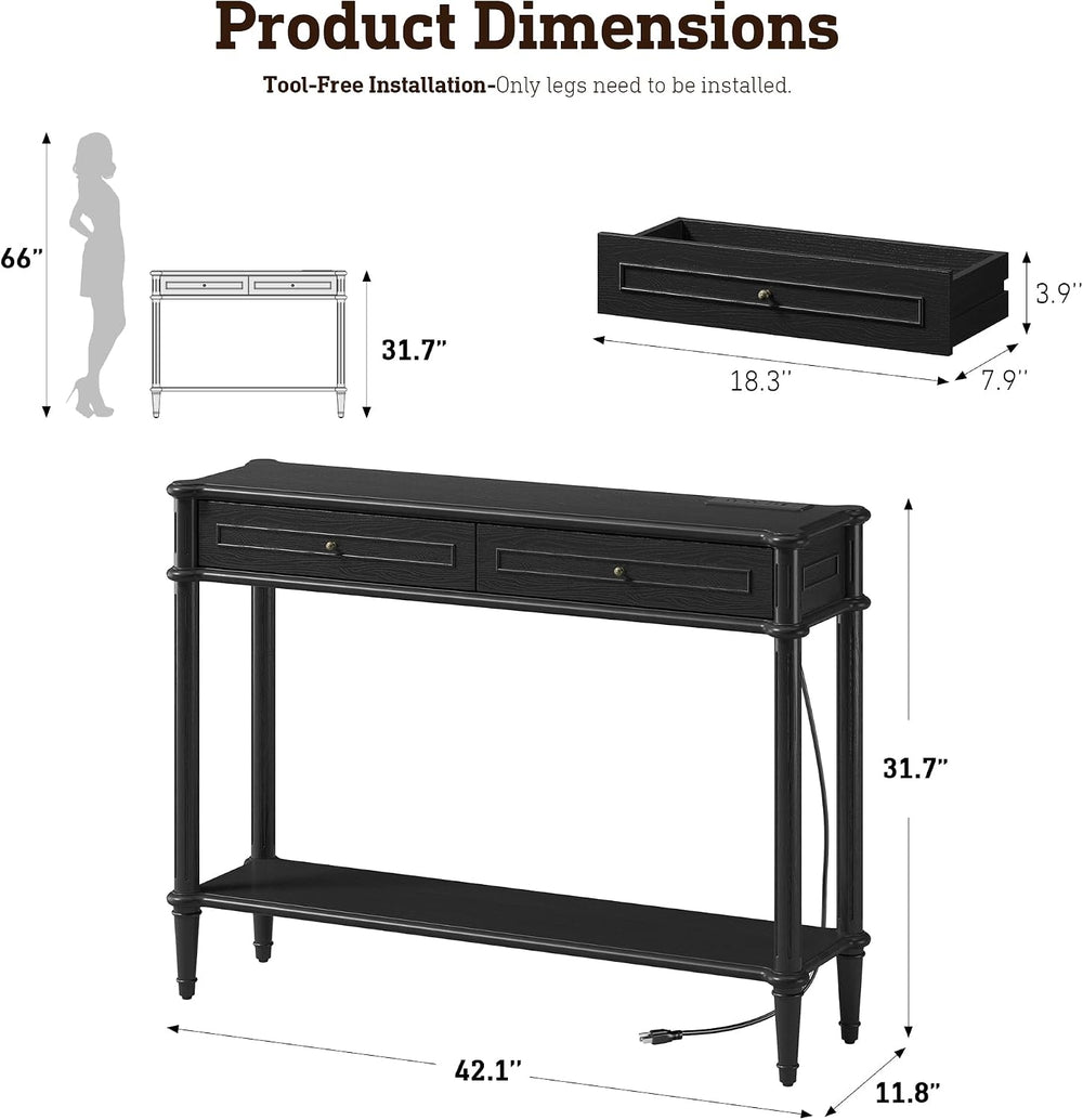 Solid Wood Console Table for Entryway with Charging Station, 2 Drawers | Retr...