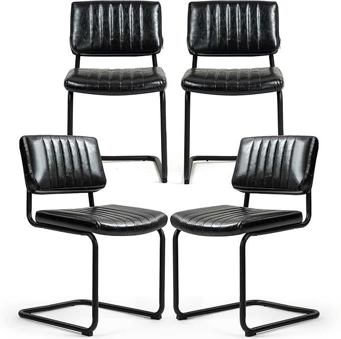 Cantilever Dining Chairs Set of 4, Mid Century Modern Dining Chairs with Black Metal Legs, Upholstered Leather Kitchen Chairs, Armless Cantilever Chair for Kitchen & Living Room, Black