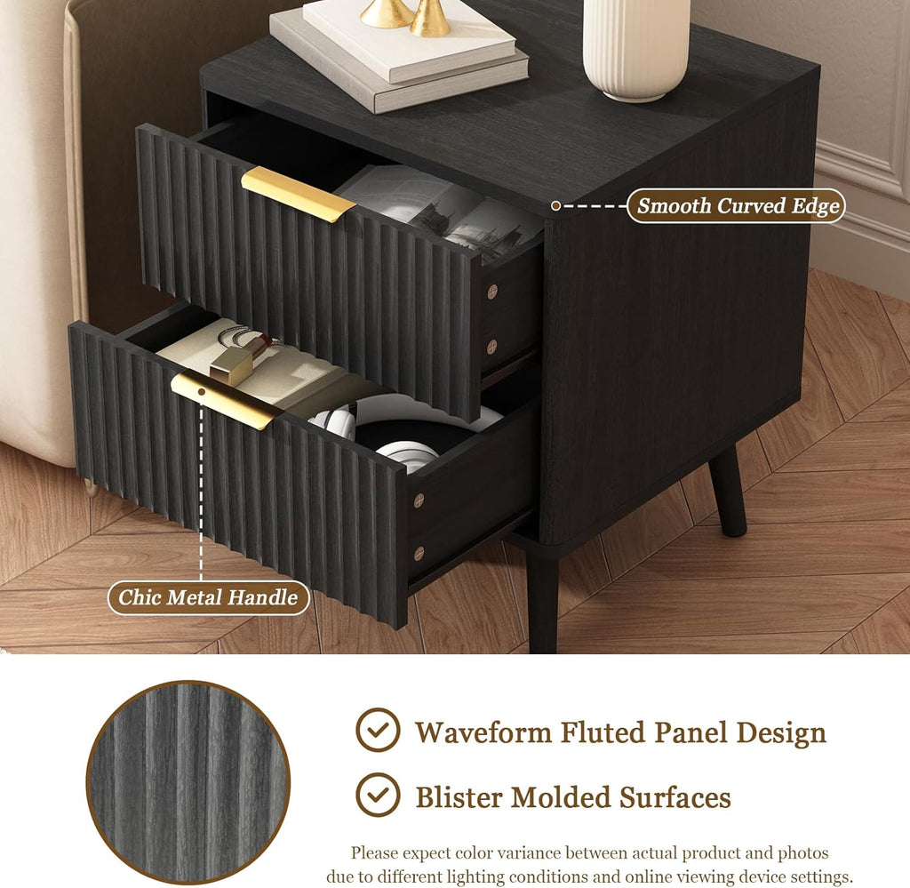 CARPETNAL Fluted Nightstand, Black Bedside Table with 2 Drawers and Gold Handles, Wood End Table Mid Century Night Stands for Bedroom Living Room