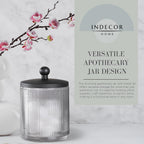Gray Colored Tranlucent Apothecary Ribbed Geo Etched Glass Jar W/Matte Black Metal Lid Cover for Bathroom Organization, Cotton Balls, Q Tips, and Small Accessories, Bathroom Storage