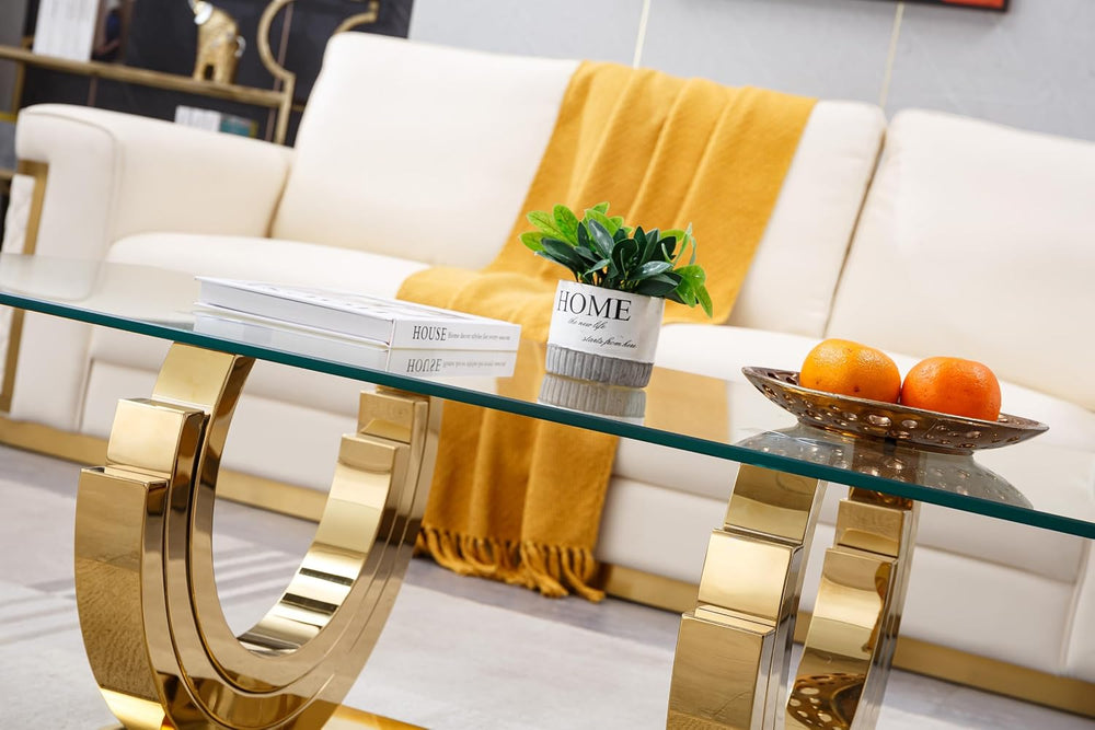 HomVent Glass Coffee Table with Gold Stainless Steel Base | 47"Rectangul...