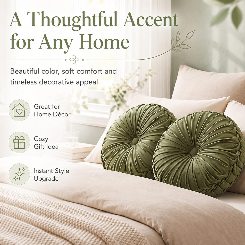 Drydiet 2 Pcs Round Throw Velvet Pillow (Dark Olive Green, 15'')