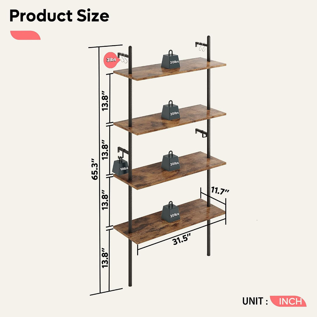 Bestier 65" Industrial Wall-Mounted Ladder Shelf 4 Tier Bookshelf with Storage Organizer Plant Flower Display Stand Round Tube Bookcase Rack with 2 Hooks for Home Office,Large,Rustic Brown