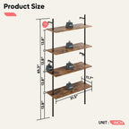 Bestier 65" Industrial Wall-Mounted Ladder Shelf 4 Tier Bookshelf with Storage Organizer Plant Flower Display Stand Round Tube Bookcase Rack with 2 Hooks for Home Office,Large,Rustic Brown