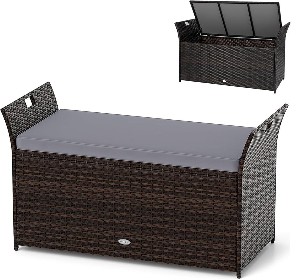 RELAX4LIFE Wicker Outdoor Storage Bench - 68 Gallon Rattan Deck Box w/Side Ha...