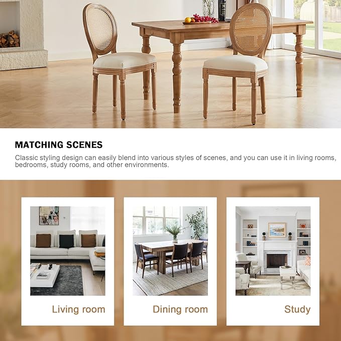 Nrizc French Country Dining Chairs Set of 4, Farmhouse Fabric Chairs with Round Back, Woven Rattan Dining Chair, Oval Side Chairs for Dining Room/Living Room/Kitchen/Restaurant