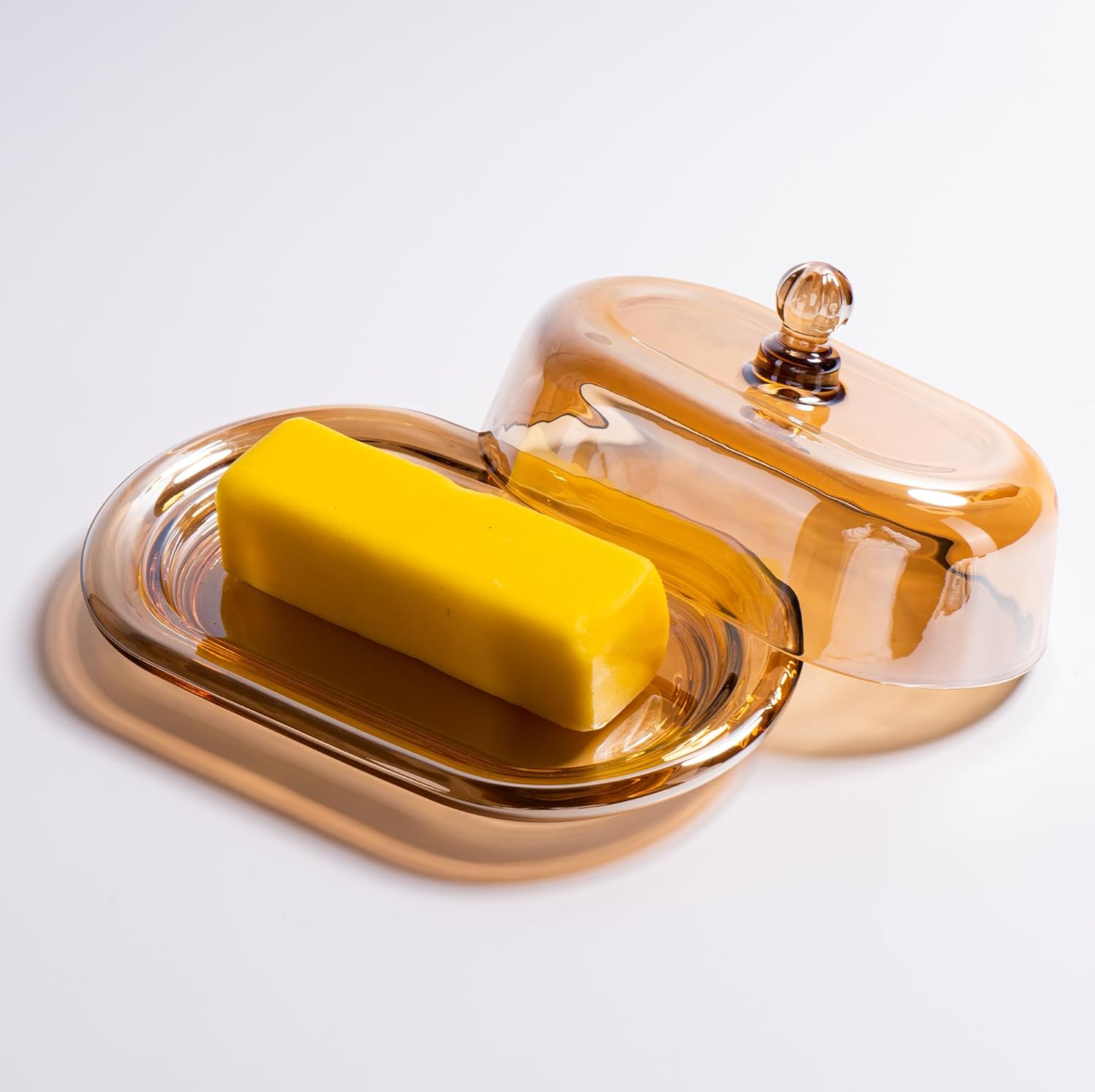 7.5" Glass Butter Dish with Lid for Countertop, Elegant Champagne-Colored Crystal Butter Stick Holder Container