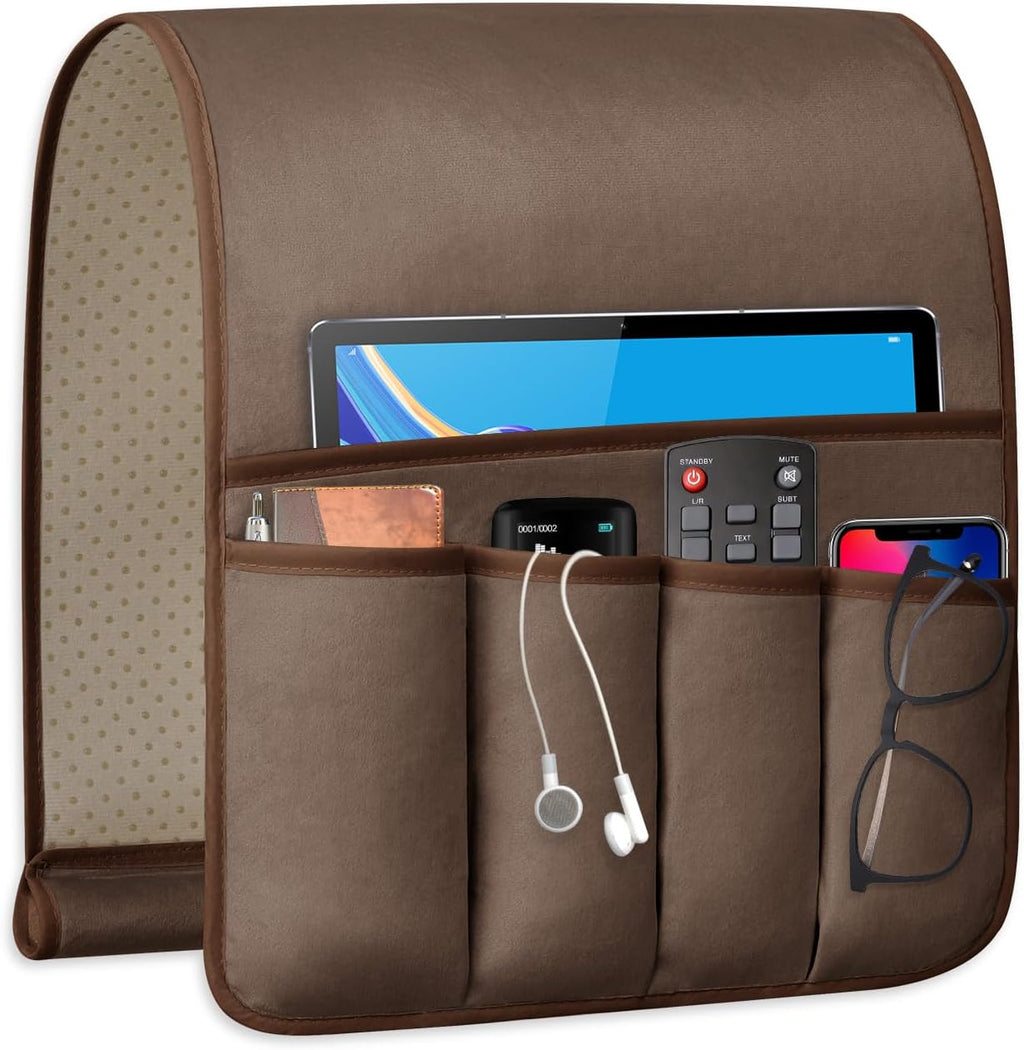 Remote Control Holder for Armchair, Couch Caddy Organizer TV Remote Holder for Bed Storage 5 Pockets, Remote Caddy Bedside Organizer Bedside Table Organizer (Brown, 35"x12.4")
