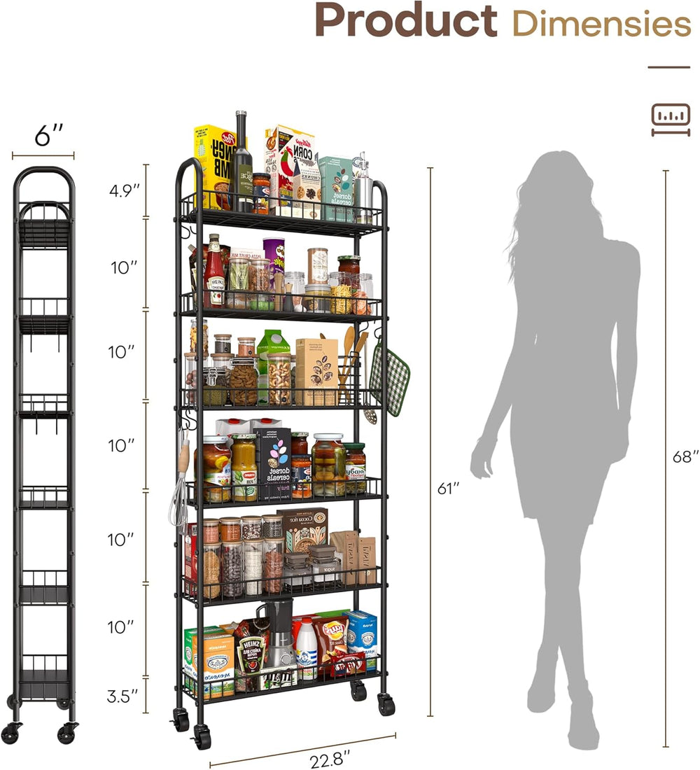 Slim Rolling Storage Cart with Wheels, Metal 6 Tier Spice Rack Mobile Shelvin...
