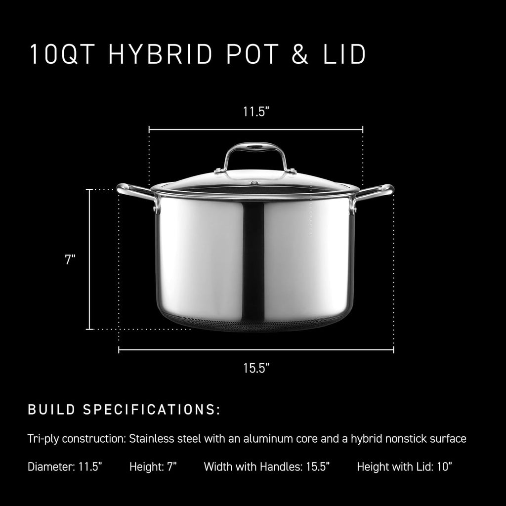 HexClad Hybrid Nonstick 10-Quart Stockpot with Tempered Glass Lid, Stay-Cool Handles, Dishwasher-Friendly, Oven-Safe Up to 900°F, Induction Ready, Compatible with All Cooktops
