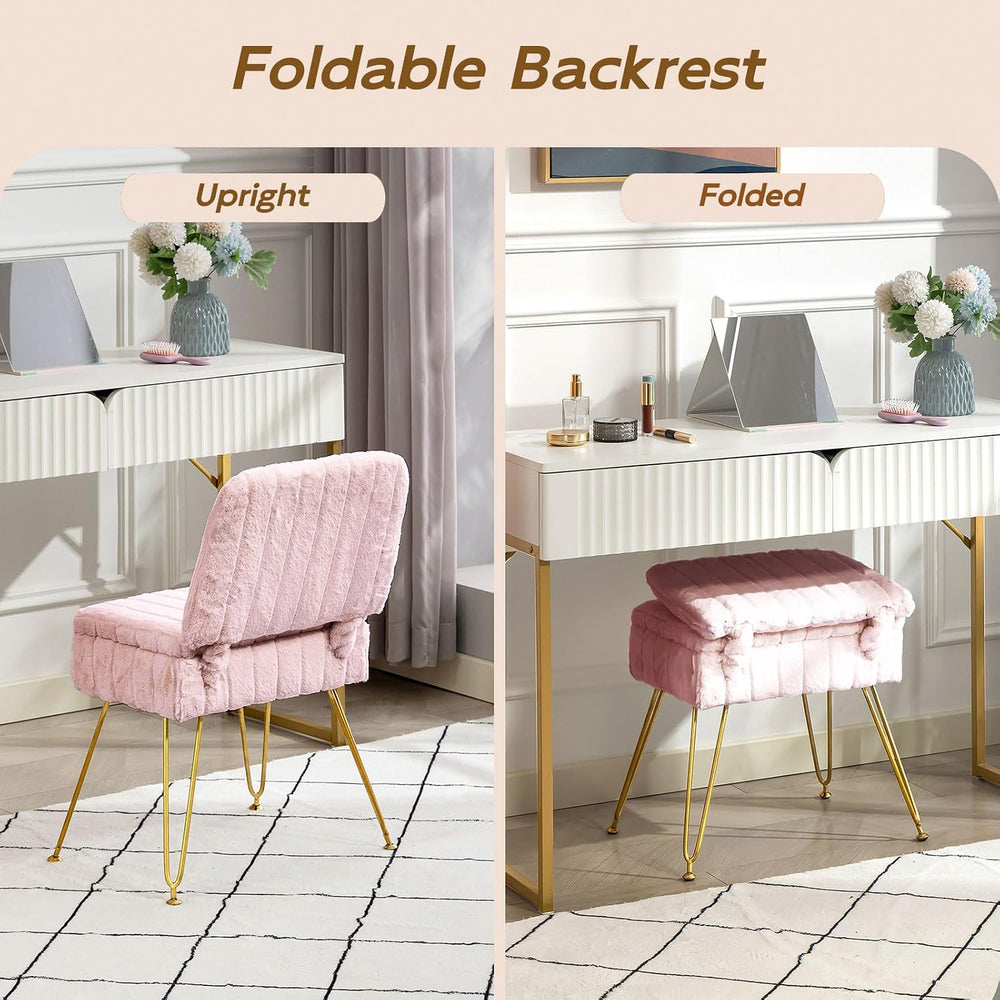 Vanity Chair with Storage | Comfy Ottoman with Folding Back | Faux Fur Vanity...