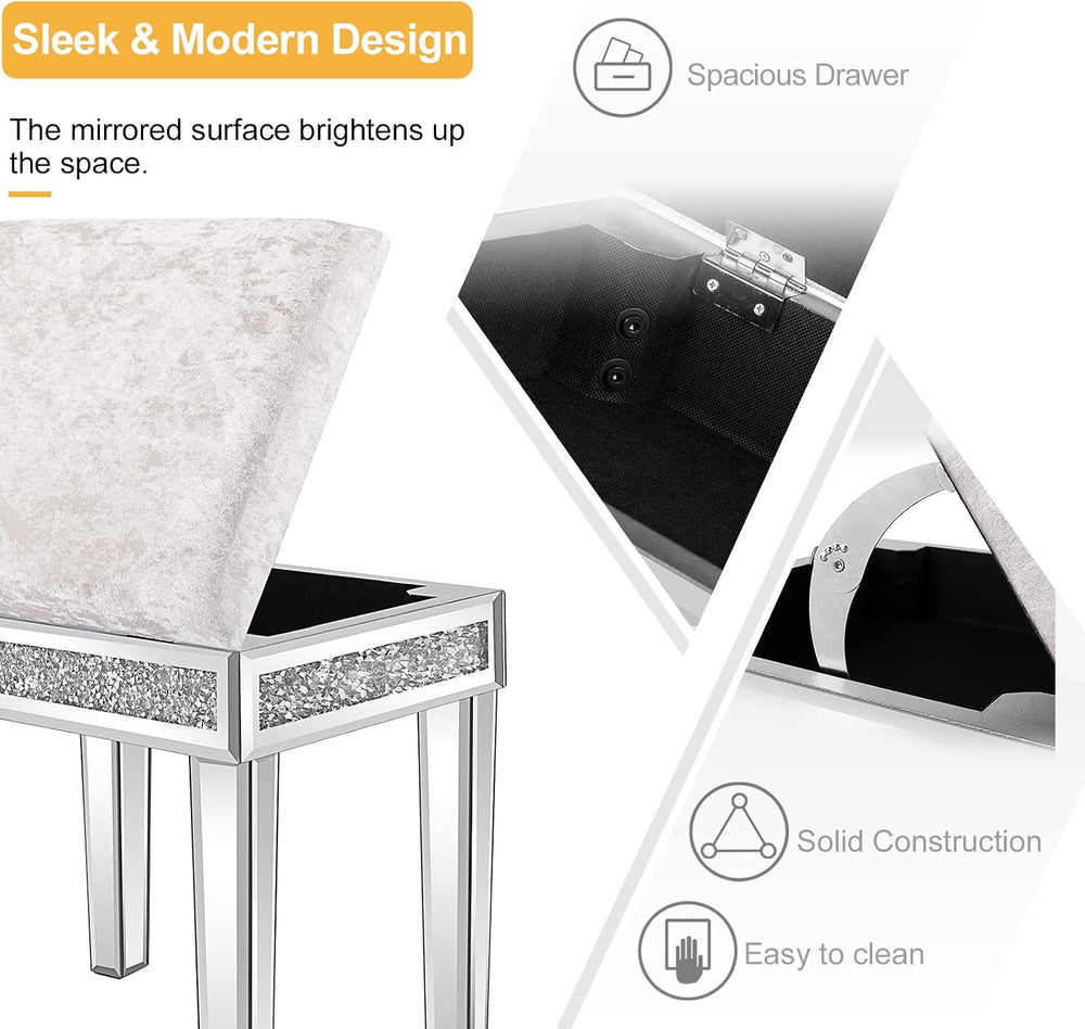 VINGLI Mirrored Vanity Stool with Storage, Upholstered Velvet Ottoman, Makeup...