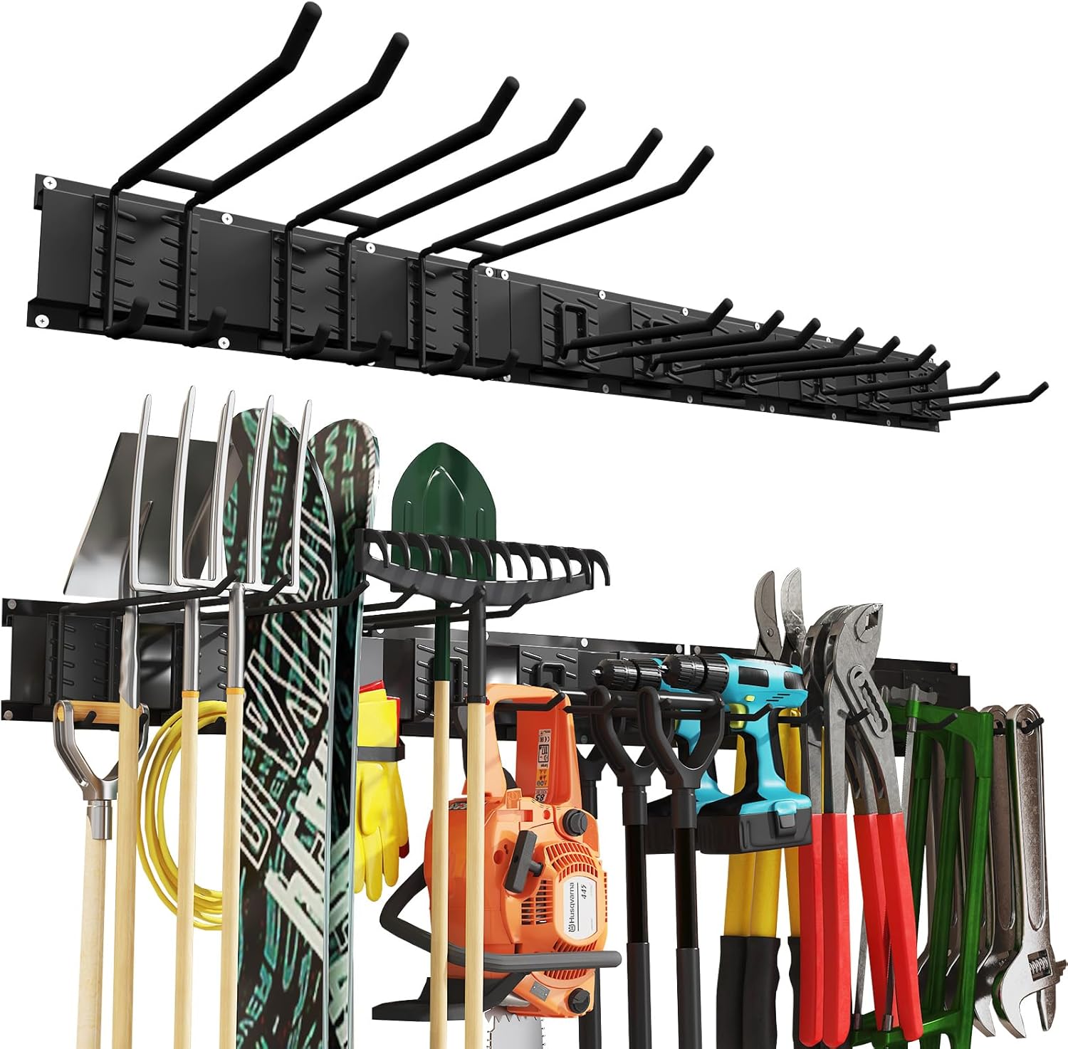 48 Inches Garage Organization,Wall Mount Garden Tool Organizer, 660lbs Adjustable Heavy Duty Metal Hanging Hooks, Garden Tool Hangers Storage Rack for Garage, Yard, and Shed (3 Racks, 9 Hooks)