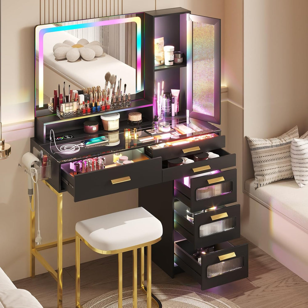 Vanity Desk with RGB LED Mirror, Glass Top and 6 Drawers - Black | SKKTKT Mak...