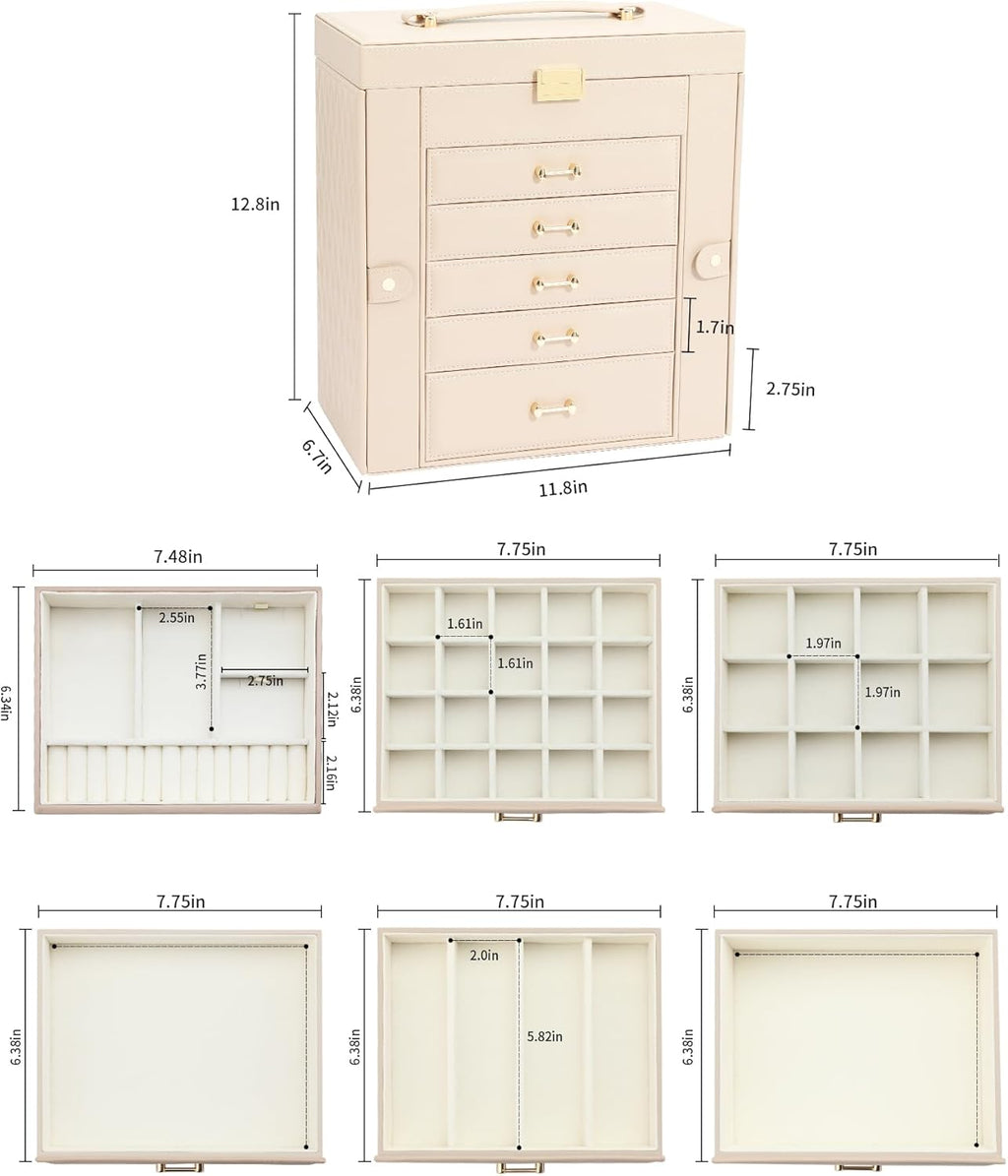 Large Jewelry Holder Organizer, 6 Layer Jewelry Box for Women Jewelry Storage Case With Handle, Gift for Christmas New Year, Apricot