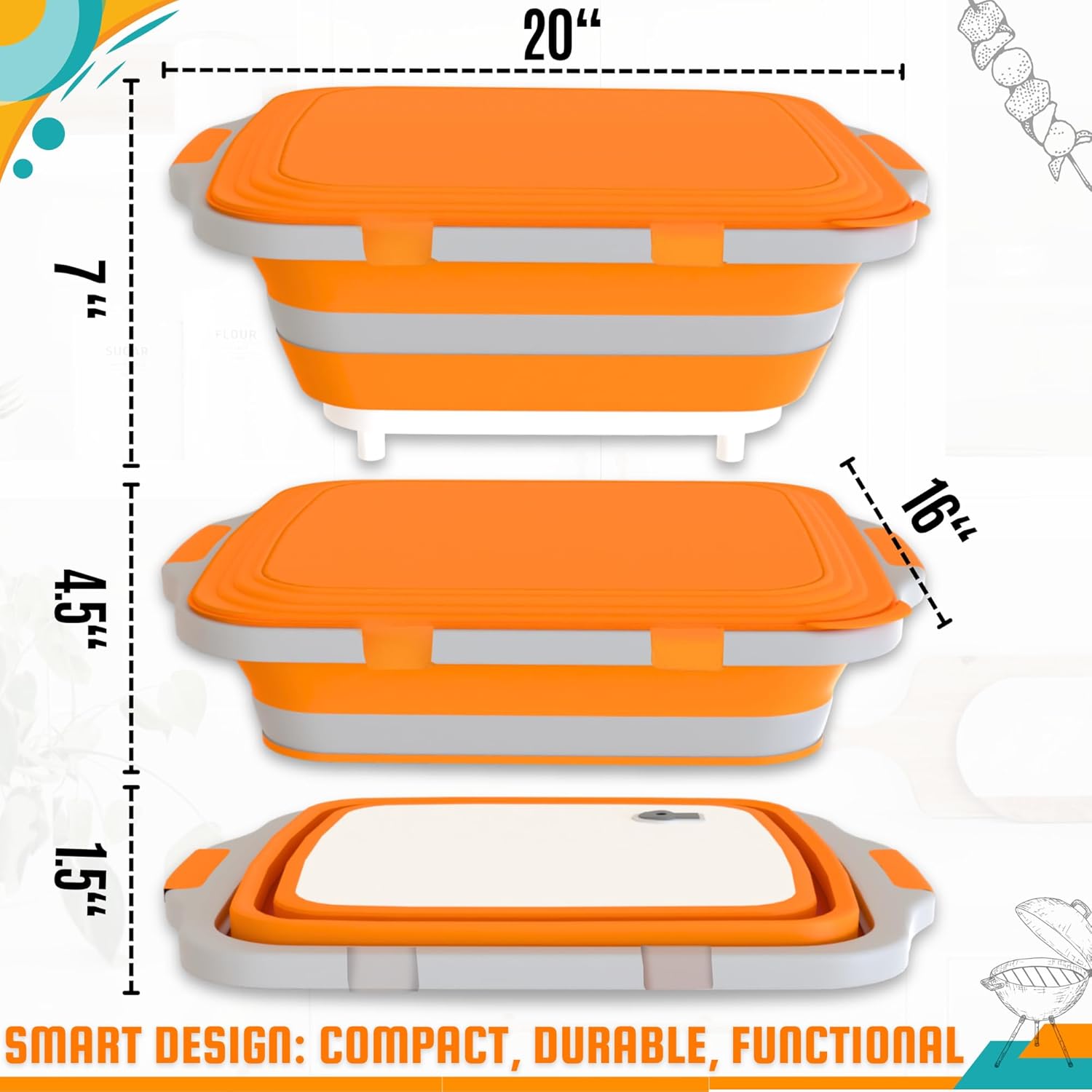 MAYALEAD BBQ Prep Tub with 2 Pcs Meat Shredder Claws, Collapsible Cutting Board, Cutting Board with Locking Lids, Drip Easy BBQ Prep Tub with lid-XL Size (Orange)