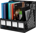 Comix Magazine File Holder Rack/Vertical Desktop File Organizer - Plastic Desk Organizer for Files, Folders, Books - 4 Compartment Binder Organizer - Black