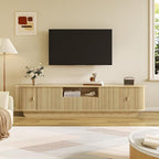 86.61'' Tambour TV Stand for 55-85 Inch, Modern Entertainment Center with Large Storage Cabinet & Open Shelves, TV Console with Sliding Doors for Living Room, Bedroom, Natural