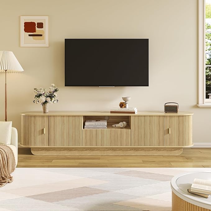 86.61'' Tambour TV Stand for 55-85 Inch, Modern Entertainment Center with Large Storage Cabinet & Open Shelves, TV Console with Sliding Doors for Living Room, Bedroom, Natural