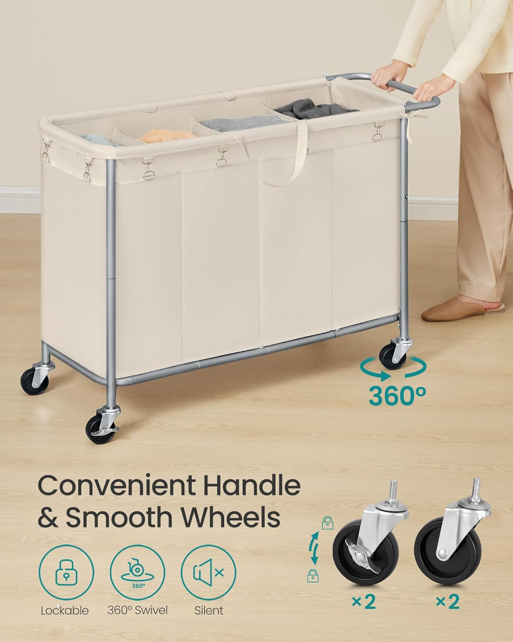SONGMICS Laundry Basket with Wheels, 4-Section Rolling Laundry Hamper, 68.6 Gallons (260 L), Removable Liner, Steel Frame with Handle, 43.3 x 15.4 x 31.9 Inches, Cream White URLS014W01