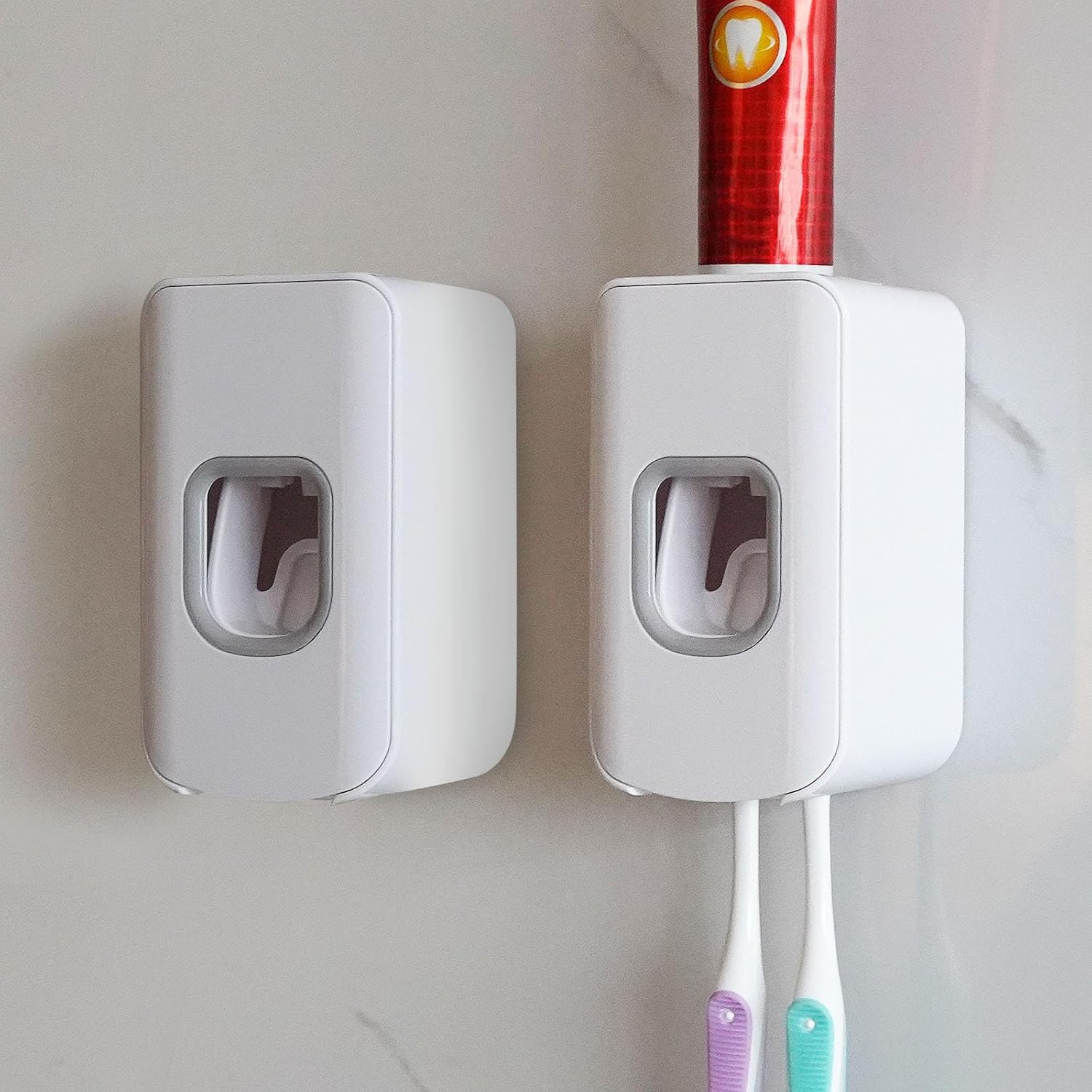 2 Slot Toothbrush Holder and Toothpaste Dispenser Wall Mounted, Automatic Toothpaste Squeezer, 2 in 1 Tooth Brush Toothpaste Organizer for Shower (White 2pack)