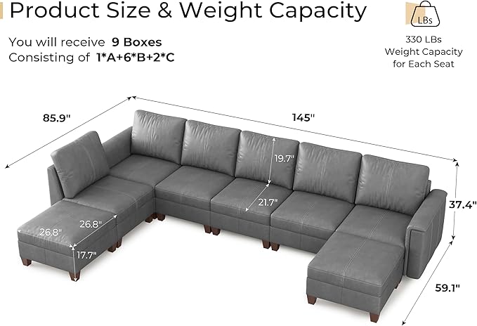 SITJOY 145" Faux Leather Modular Sectional Sofa with Storage, Mid Century Modern Sectional Couches for Living Room, Soft Padded Armrests, 8 Seat U Shaped Sectional Couch with Chaise, Gray