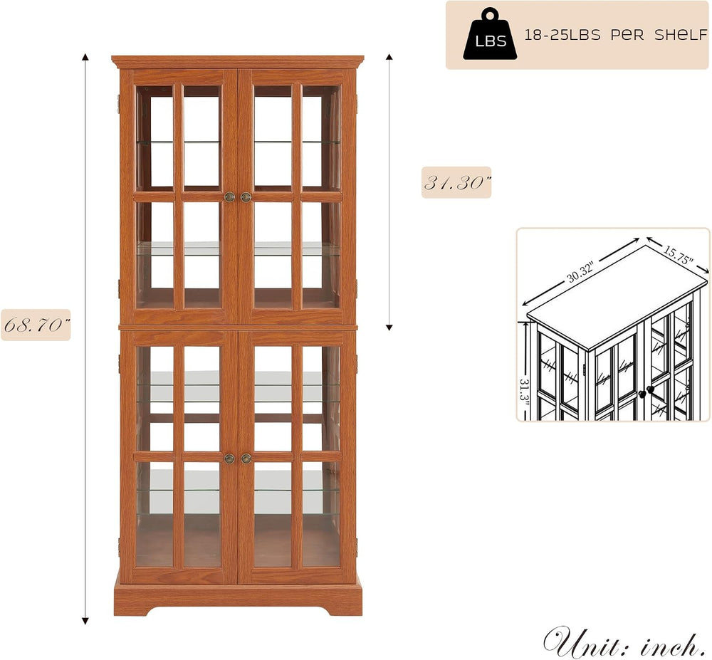 69" Lighted Display Cabinet with 4 Glass Doors, Tall Elegant Bookcase wi...